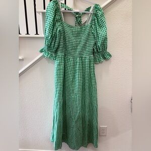 NY&C Green Plaid Smocked Open Back Maxi Dress